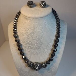 Crystal Hematite Beaded Necklace and Stud Earrings Set